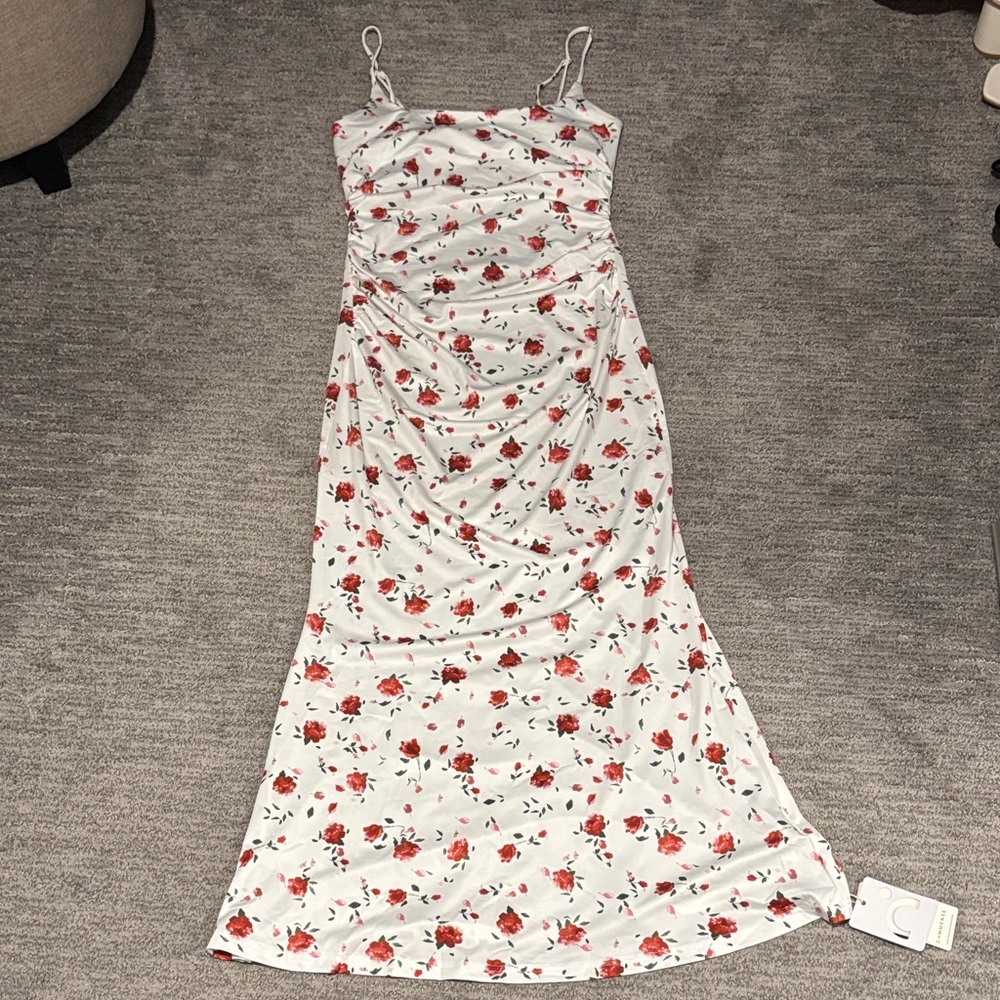 Commense White Maxi Slip Dress with Red Rose Print small NWT